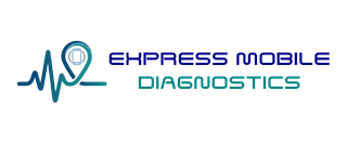 Express Mobile Diagnostics logo. A heartbeat line with a location marker at the end in navy blue and teal.